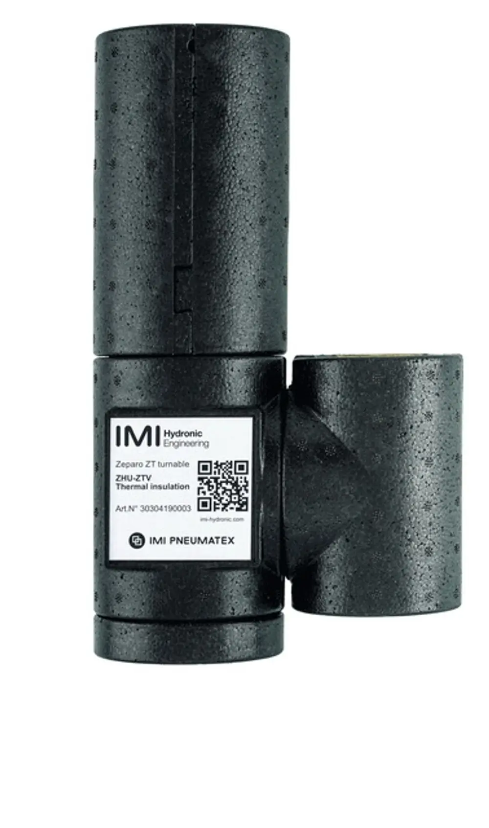 Wärmedämmung in schwarzer Schaumstoffoptik mit aufgedrucktem Etikett von IMI Hydronic Engineering, geeignet für Zeparo-Produkte.
